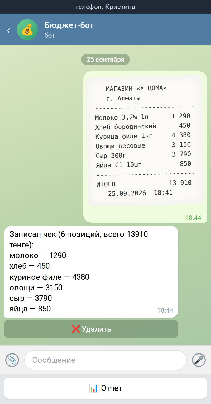 Чек на 13 910 тенге, разобранный на 6 позиций